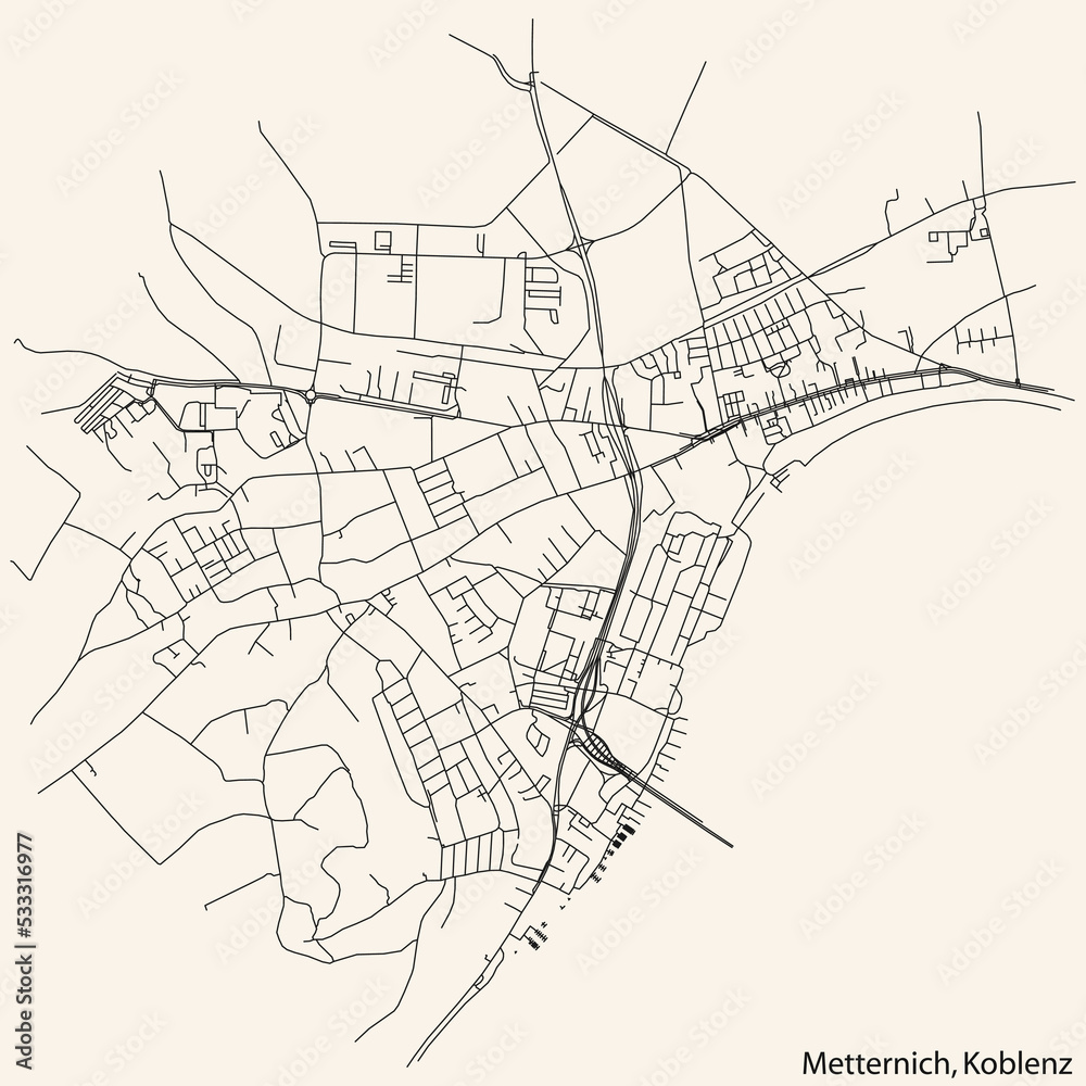 Detailed navigation black lines urban street roads map of the METTERNICH QUARTER of the German regional capital city of Koblenz, Germany on vintage beige background