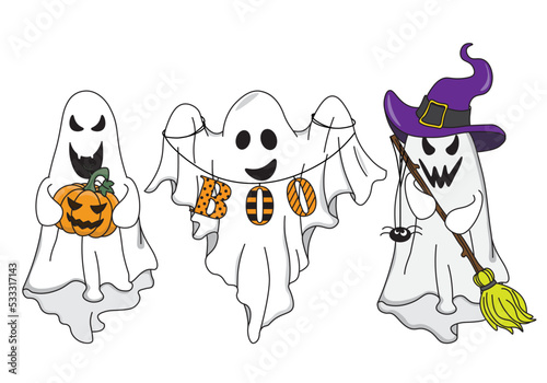 Halloween card. Three ghosts with halloween accessories