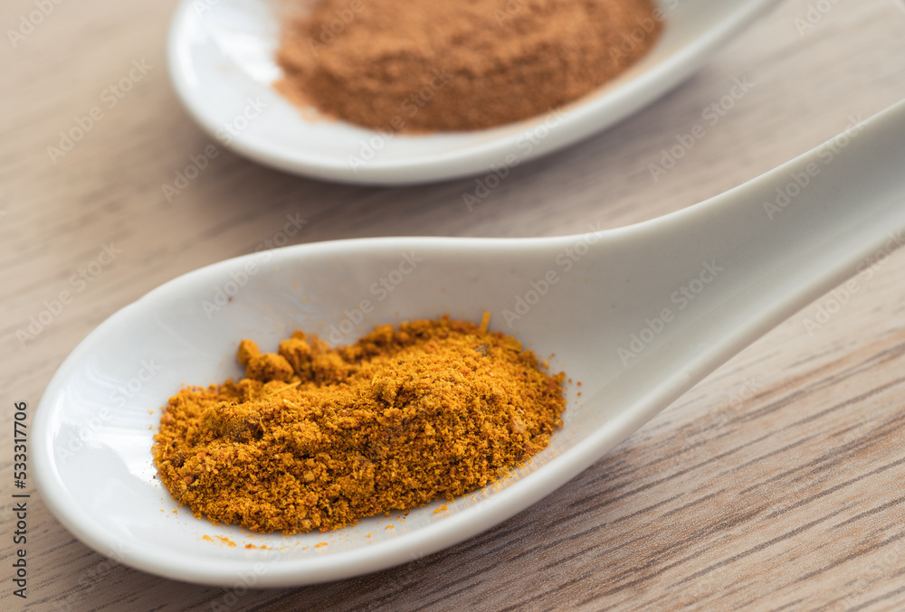 Close-up shot of a spoon with hot spices Close-up shot of a spoon with hot spices