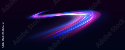 High speed effect motion blur night lights blue and red. Futuristic neon light line trails. bright sparkling background. Purple glowing wave swirl, impulse cable lines. Long time exposure. Vector