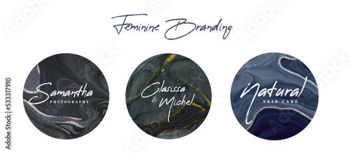 Feminine logos collection with marble background