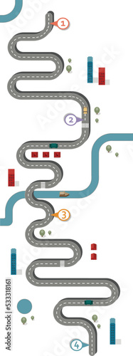 Business workflow roadmap, infographic flat lay style,  in 25:9 upright, long, high, panel, portrait format on white without text background with 7 check points