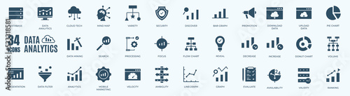 Data Analytics solid icon set. Vector graphic glyph style pictogram package isolated on white background