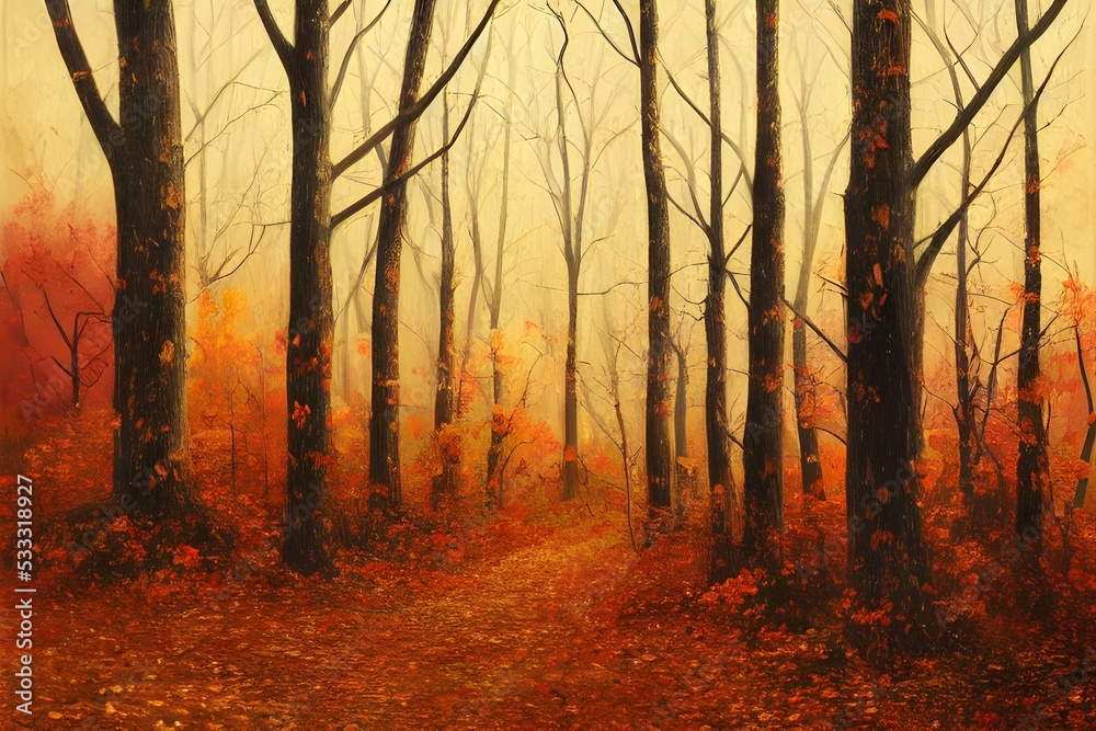 Fototapeta premium Sunlight in an autumn forest. 