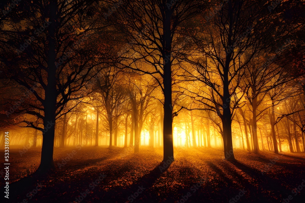 Fototapeta premium Sunlight in an autumn forest. 