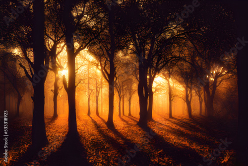 Sunlight in an autumn forest. 