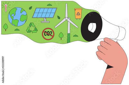 Eco-friendly human hand hold loudspeaker. Save our Earth planet, protection and care about environment. Concept of ecology awareness and sustainability vector illustration for banner, poster, placard.