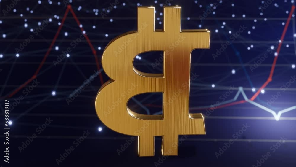 Bitcoin Symbol in Gold color on Animated Dark Blue Background.. Money and blockchain concept. Bitcoin Symbol in Gold color on Animated Dark Blue Background.. Money and blockchain concept.