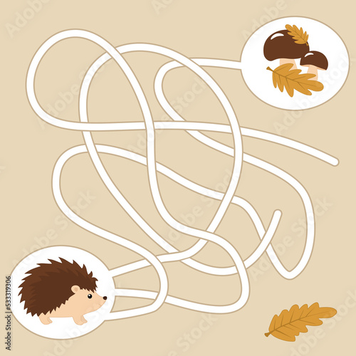 Help the hedgehog get to the mushrooms. Illustration of a maze for children.