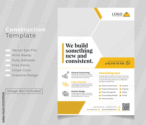 Modern Construction Flyer Background Design. Corporate construction tools cover a4 flyer template. Flyer 