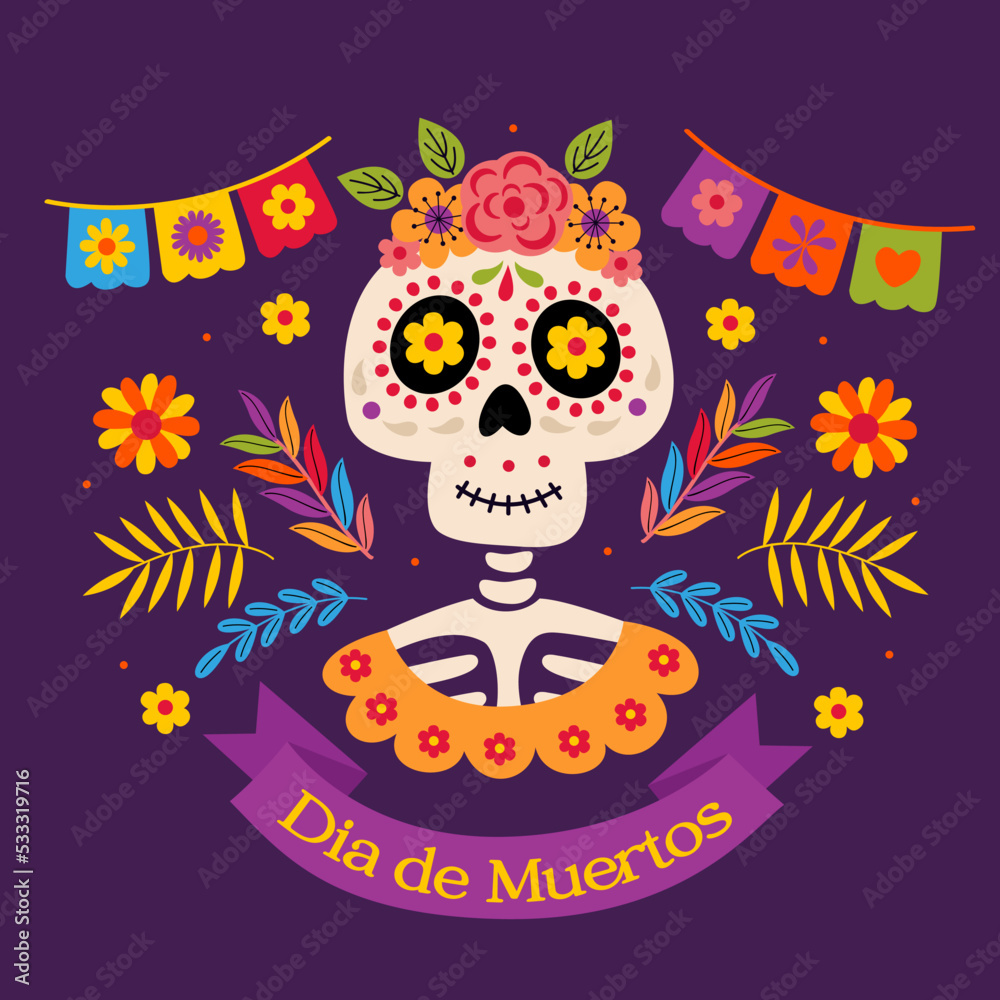 Skeleton of a Mexican woman decorated with flowers,Day of the dead, Skeleton of a Mexican woman decorated with flowers,Day of the dead,