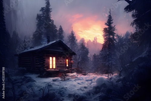 A cabin standing alone in the winter woods. 