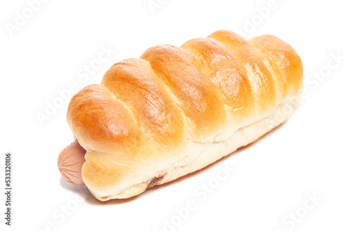 Delicious hot dog, sausage in dough, isolated on white background