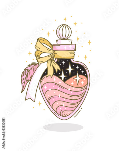 Hand drawn bottle with magic potion in fantasy style on white background. Doodle vector illustration of vial with occult objects like swirl liquid, feather and ribbon tied tag