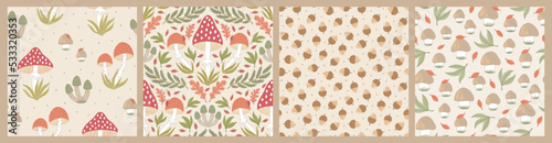 Set of hand-drawn seamless patterns with wild mushrooms and autumn leaves. Colorful seasonal illustration for paper and gift wrap. Fabric print design. Creative stylish background.