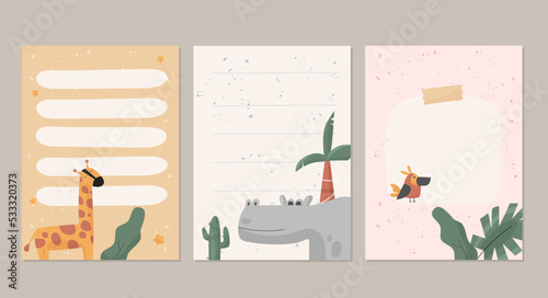Modern safari animals cards set, birthday background with dog, cat and mouse, minimal scandinavian design
