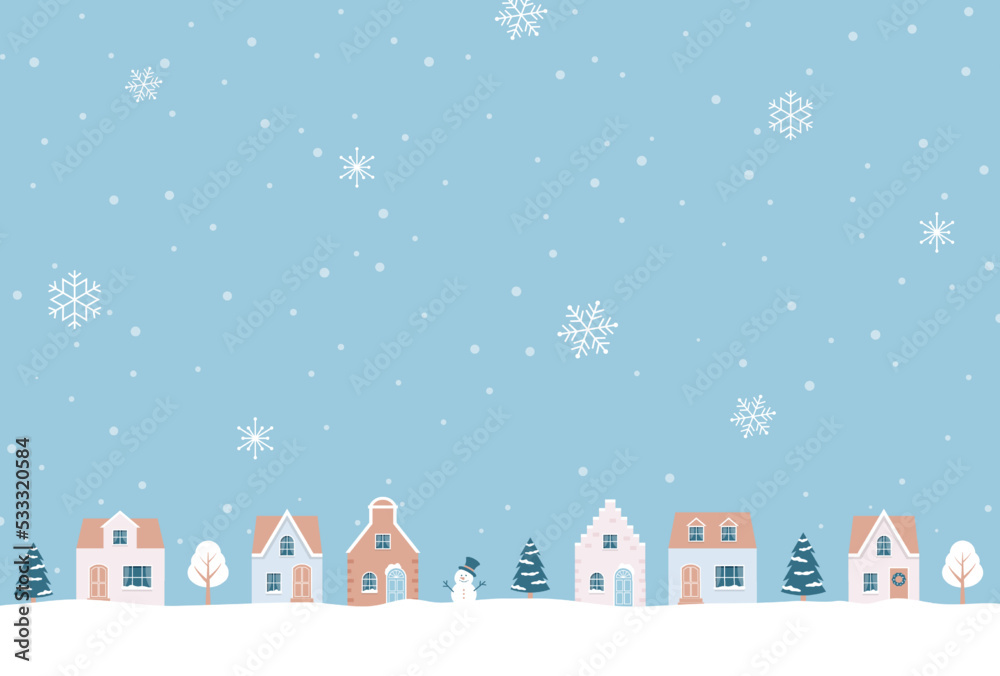 Christmas vector background with houses and trees in snow for banners, cards, flyers, social media wallpapers, etc.