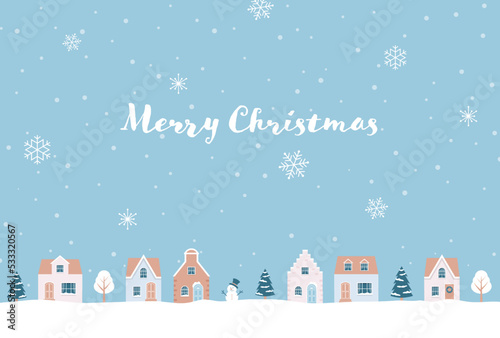 Christmas vector background with houses and trees in snow for banners, cards, flyers, social media wallpapers, etc.