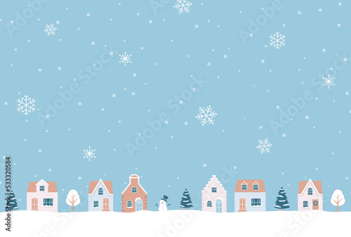 Christmas vector background with houses and trees in snow for banners, cards, flyers, social media wallpapers, etc.
