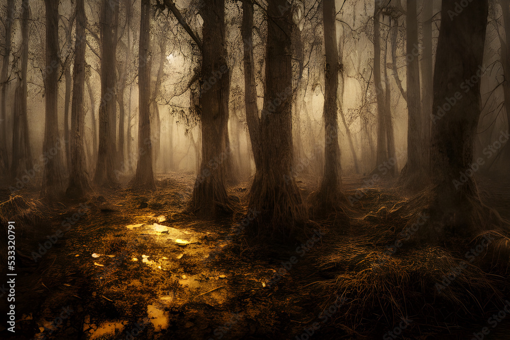 Fototapeta premium A foggy swamp. Dark and mysterious. 
