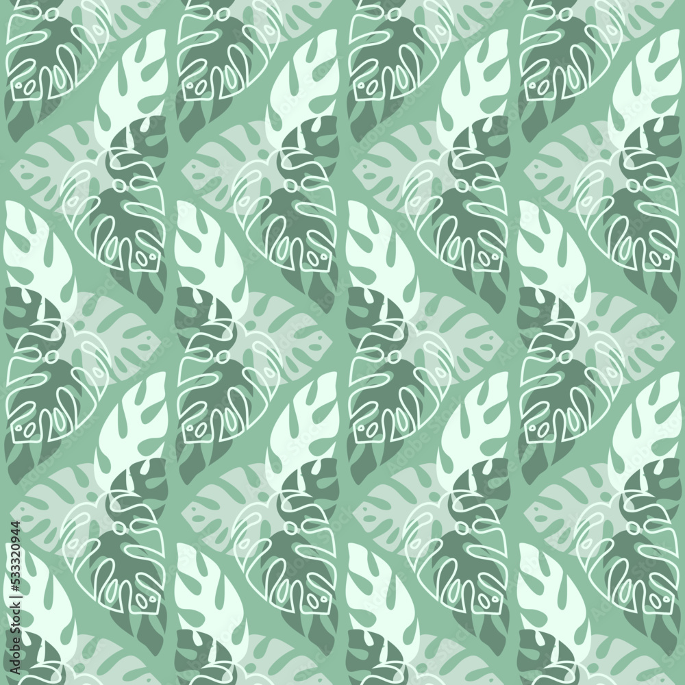 Fototapeta premium Tropical seamless pattern with monstera palm leaves, green monochromatic color, vector illustration for textile and decoration