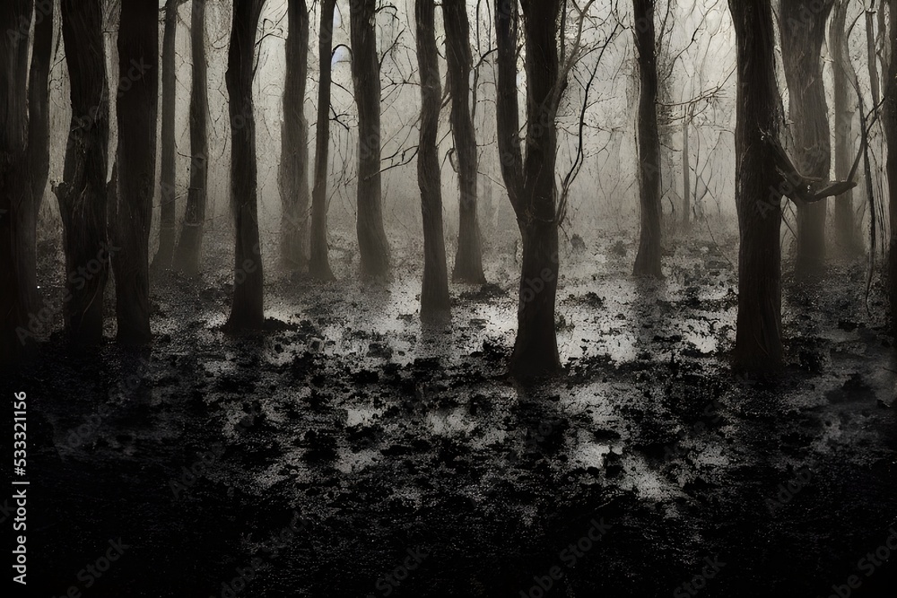 Fototapeta premium A foggy swamp. Dark and mysterious. 