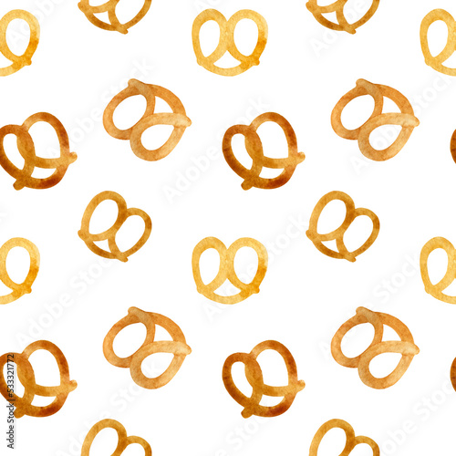 Watercolor pretzels isolated on white background. Scarless pattern. Traditional German salted cookies. Hand-drawn Oktoberfest snacks