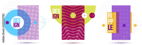 Moire op art vector design elements, graphic style posters and banners and brochures set, abstract modern art with distorted grid.