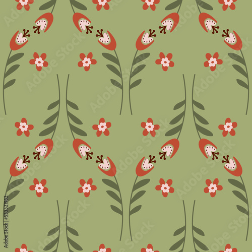Cute flower marsh green color seamless pattern, bellflower campanula wild flower, organic background vector illustration