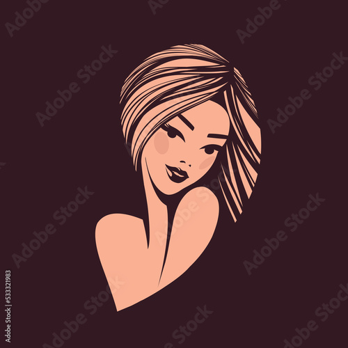 Woman face.Hair studio, beauty salon, makeup illustration.Fashion, cosmetics, spa icon isolated on dark background.Young lady portrait.Beautiful hairstyle model.Luxury,glamour logo.