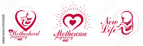 Pregnancy and motherhood theme vector illustrations set fetus drawings isolated on white background, new life baby shower beautiful baby.