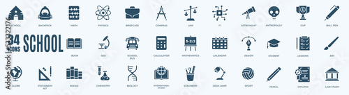 School solid icon set. Vector graphic glyph style pictogram package isolated on white background