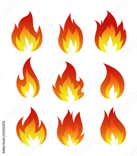 vector cartoon illustration flame fire, bright fireball, heat wildfire and red hot bonfire, campfire,