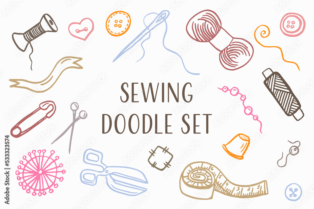 Sewing doodle icons set. Vector outline illustration. Tailoring ...