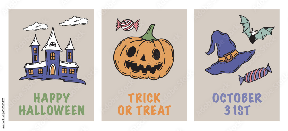 Halloween symbols hand drawn illustrations
