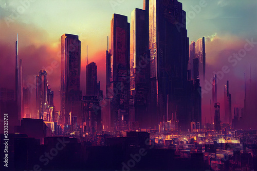 Fotobehang A cyberpunk city skyline with towers and neon lights