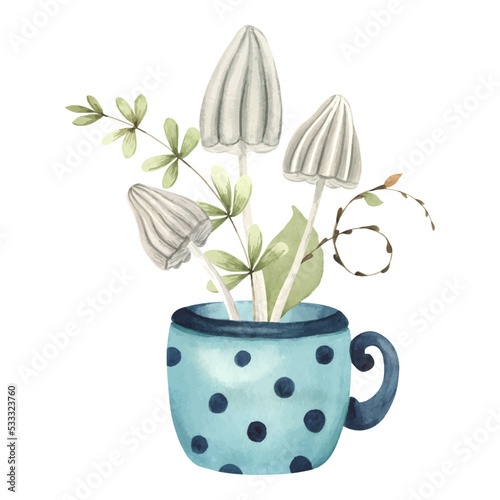 Watercolor autumn illustration. Sublimation of toadstools and autumn leaves in a mug. dangerous poisonous mushrooms. hallucinogenic mushrooms