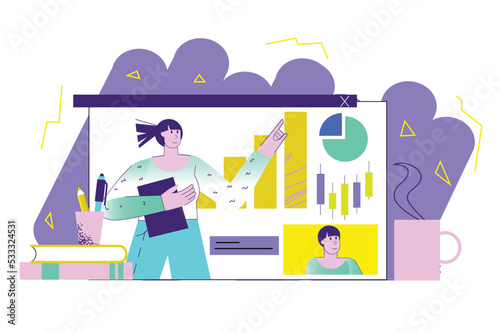 Violet concept Online teaching with people scene in the flat cartoon design. Teacher explains a new topic in an online lesson. Vector illustration.