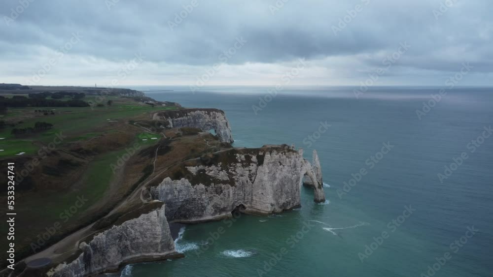 drone rotates around the the famous cliffs of etretat (alabaster) in normandy in france drone rotates around the the famous cliffs of etretat (alabaster) in normandy in france