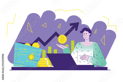 Crypto business violet concept with people scene in the flat cartoon style. Man deals with cryptocurrency and builds his business on it. Vector illustration.
