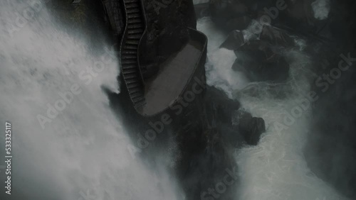 White Water Of Surging Pailon Del Diablo Waterfall In Rio Verde Near Baños De Agua Santa, Ecuador. Low Angle