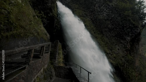 Breathtaking View Of Pailon del Diablo Waterfall Near Baños de Agua Santa, Ecuador. Zoom In