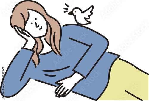 横になってくつろいでいる女性と肩に止まるペットの白い小鳥のイラスト素材