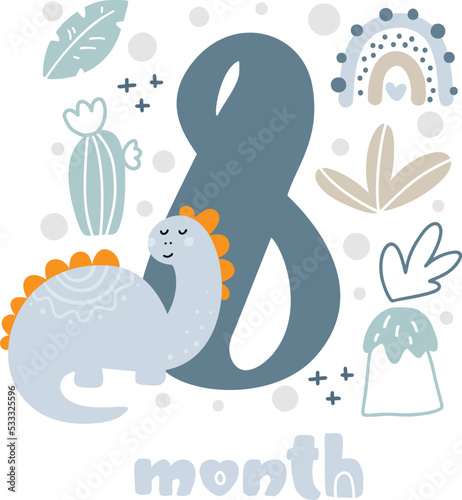 8 eight months Baby boy anniversary card metrics. Baby shower print with cute animal dino, flowers and palm capturing all special moments. Baby milestone card for newborn