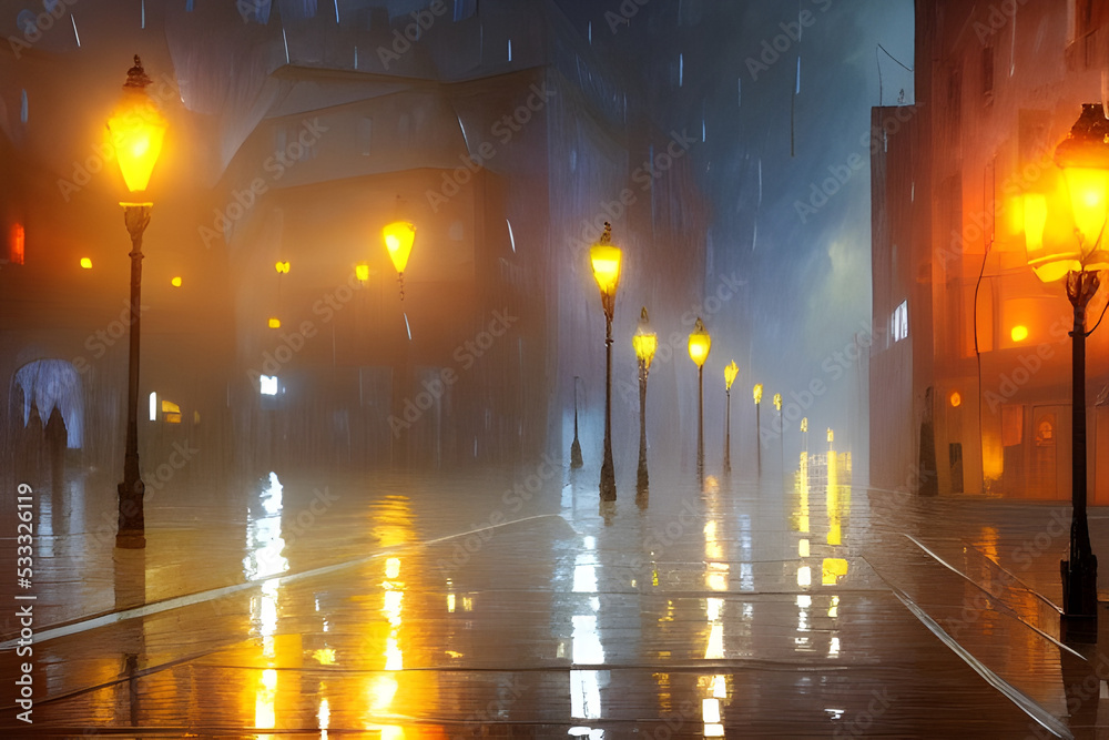 Street lights reflected on wet asphalt. City streets on a rainy night. Urban night background. Digital illustration. CG Artwork Background