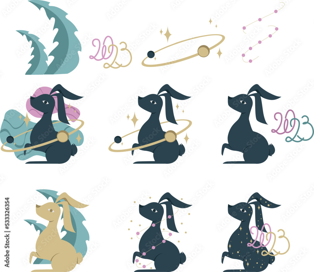 Vector illustration, new year 2023, year of the rabbit, animal, holiday, christmas, chinese calendar, symbol, element, sign