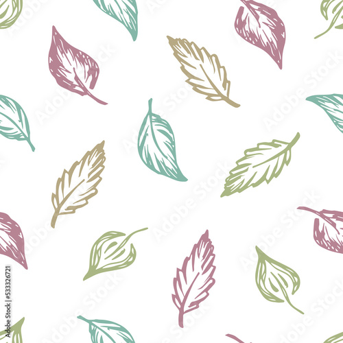 Simple floral vector seamless pattern for autumn design. Dry multicolored foliage on a white background. For printing on fabric, packaging, textile products.