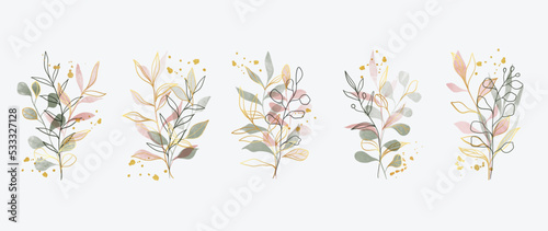 Set of watercolor botanical element vector. Luxury foliage collection of leaf branch, eucalyptus leaves, flowers, with gold line art. Elegant collection for wedding, invitation, decorative, card.