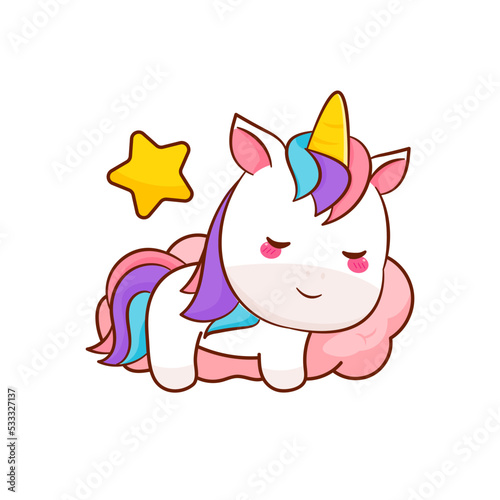 Cute magical pegasus unicorn cartoon Cute magical unicorn cartoon sleeping above clouds vector. Pony pegasus cartoon kawaii animal. vector. Pony cartoon kawaii animal. Isolated on a white background. 