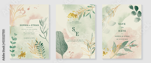 Luxury botanical wedding invitation card template. Green watercolor card with leaf branch, eucalyptus, foliage, gold line art. Elegant blossom vector design suitable for banner, cover, invitation.